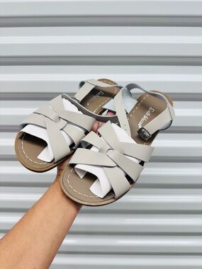 Salt Water Sandals by Hoy taupe and white woven leather sandals